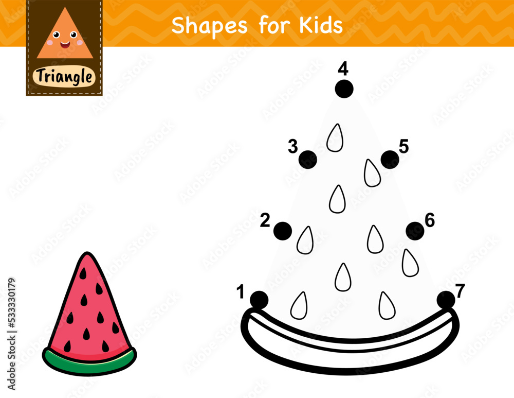 Poster dot to dot game for kids. connect the dots and draw a watermelon slice. learning triangle shape acti