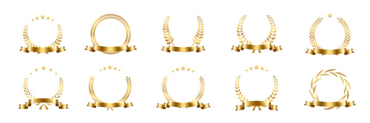 Golden laurel wreath with ribbon set vector illustration. Winner award with leaves and stars, trophy, gold certificate or birthday congratulation for ceremony isolated on white - obrazy, fototapety, plakaty