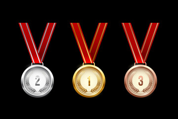 Golden, silver and bronze medals hanging on red ribbons isolated on black background. Vector sports illustration.