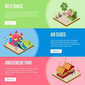 Amusement park isometric horizontal flyers with rifle range, air slides and striped tents. Funfair carnival banner, summer time family vacation, children attractions in theme park vector illustration.