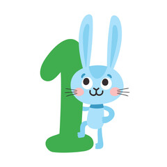 Number one with cute cartoon rabbit for kids isolated on white.