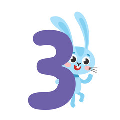 Number three with cute cartoon rabbit for kids isolated on white.
