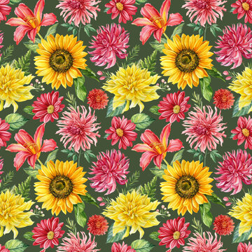 Sunflowers, dahlia, rose and lily. floral background. Watercolor botanical painting flowers. Seamless pattern.