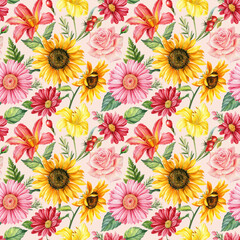 Fototapeta na wymiar Sunflowers, dahlia, rose and lily.Seamless floral background. Watercolor botanical illustration. Flowers pattern.