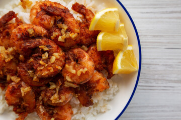 Homemade Hawaiian Garlic Shrimp Scampi on a Plate, top view. Flat lay, overhead, from above. Close-up.