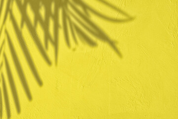 Palm leaves shadow on yellow concrete wall texture with roughness and irregularities. Abstract trendy colored nature concept background. Copy space for text overlay, poster mockup flat lay 
