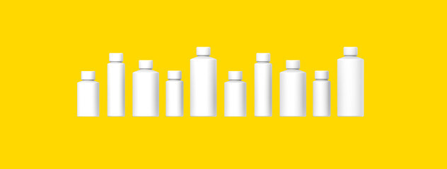 White cosmetic bottles isolated on yellow background. Packaging of cosmetics. Ten containers for cosmetics. Banner for insertion into site. Place for text cope space. 3d image. 3D visualization.