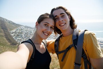 Travel hiking selfie by happy couple on hike