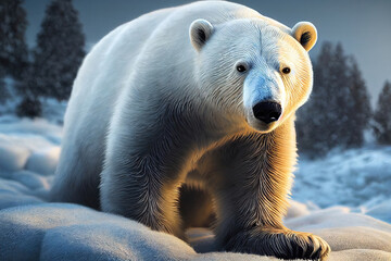 Polar bear on snow in arctic forest. Ursus maritimus species. White bear on snow in nature habitat. Wildlife scene from Antarctican animal behavior in forest. 3D illustration