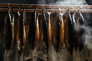Appetizing smoked mackerel Fish Smoking Process For Home Use. fish hanging side by side in a smoker. Smoked Mackerel. Smoking Process Fish In Smokehouse