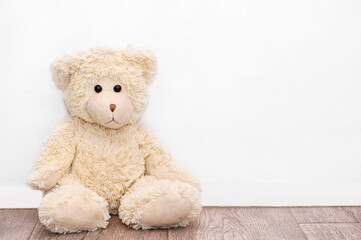 Cute teddy bear sits on the background of a white wall, copy space
