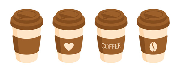 Set of brown coffee paper cup icons. Cartoon vector illustration.
