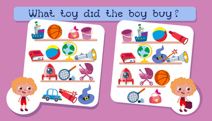 Activities for children. Educational game for children. What toy did the boy buy. Find differences. Vector illustration.