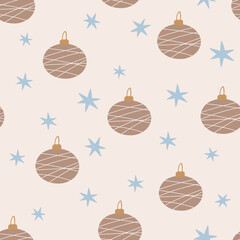 Christmas balls and stars seamless pattern. New Year Vector illustration