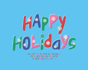 Greeting card Happy Holidays with lettering retro style. Hand drawn font set for Winter designs