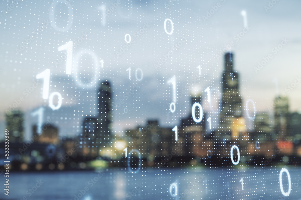 Leinwandbilder double exposure of abstract virtual binary code hologram on blurry cityscape background. database an
