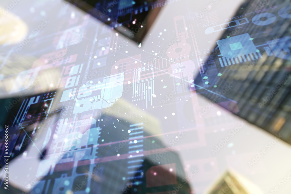 Aufkleber double exposure of abstract programming language interface on modern skyscrapers background, researc