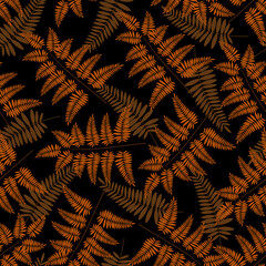 Seamless floral pattern, hand drawn, vector. Brown leaves, autumn pattern, black background.