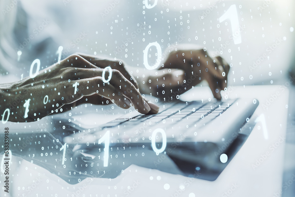 Leinwandbilder double exposure of creative abstract binary code hologram and hands typing on laptop on background. 