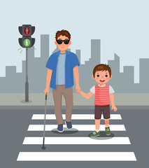 Cute little boy helping blind man crossing street at the pedestrian traffic - obrazy, fototapety, plakaty