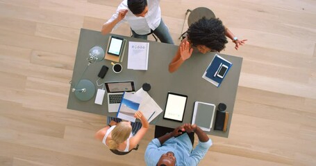 Business people meeting high five for brand development success, project teamwork and goal achievement. Winning target review, digital marketing agency and tablet blank screen for advertising above