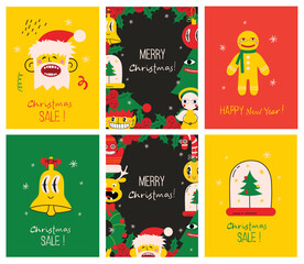 Merry Christmas and Happy New Year 2023. Vector trendy abstract illustrations of holiday card with santa claus, deer, crazy geometric shapes, christmas tree and wreath for poster.