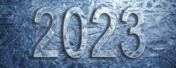 New Year card with text 2023. Ice surface texture.
