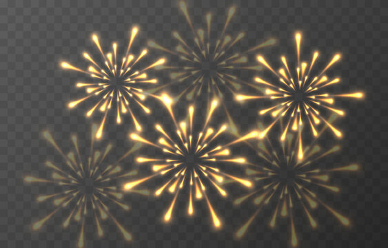 Vector festive fireworks on a transparent background. Fireworks png, festive light png. Magic fireworks lights. Christmas light.