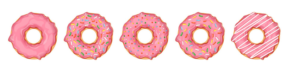 Set of donuts isolated on white background. Collection of vector illustrations of donuts with different pink sprinkles. Sweet pastry.