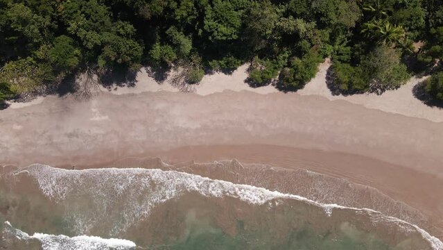 Top down sliding drone footage of an empty beach with one lonely person walking along the tropical shoreline