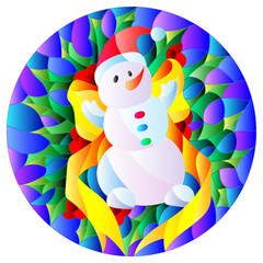 Illustration in stained glass style with a funny snowman, ribbon and Holly branches  on a blue background, round picture