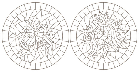 Set contour illustrations of the stained glass Windows on the theme of new year and Christmas clock and Christmas decorations
