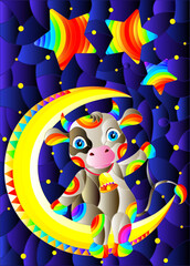 Stained glass illustration with a cartoon cute cow on the moon with balloons, a rectangular image