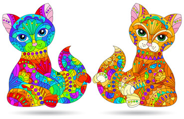 Set of stained glass elements with rainbow cats , isolated images on white background