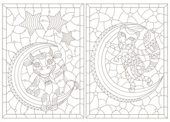 Obraz premium Set of contour illustrations in a stained glass style with cartoon cute cow and cat on the moon, dark outlines on a white background