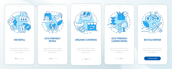 Green business ideas blue onboarding mobile app screen. Walkthrough 5 steps editable graphic instructions with linear concepts. UI, UX, GUI template. Myriad Pro-Bold, Regular fonts used