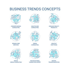 Business trends turquoise concept icons set. Popular services and products idea thin line color illustrations. Isolated symbols. Editable stroke. Roboto-Medium, Myriad Pro-Bold fonts used