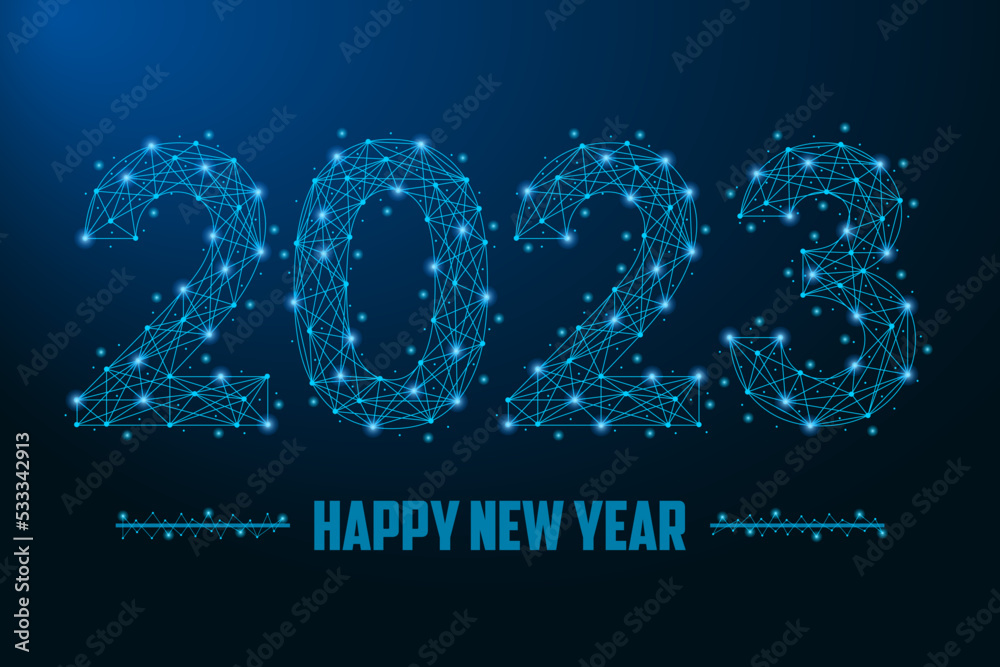 Poster 2023 new year illustration made by points and lines, polygonal wireframe mesh on night sky, dark blu