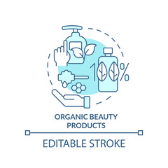 Organic beauty products turquoise concept icon. In demand small business type abstract idea thin line illustration. Isolated outline drawing. Editable stroke. Arial, Myriad Pro-Bold fonts used
