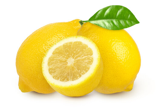 Ripe lemon fruit and half with leaves isolated on white background, Fresh and Juicy Lemon.