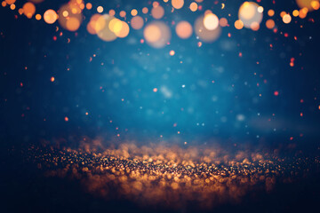 Festive golden glittering in the dark night background with blurred bokeh lights and snow. Christmas and winter holidays background - obrazy, fototapety, plakaty