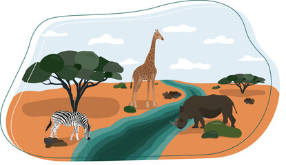 Wild animals in Savannah. Beautiful illustration in flat style