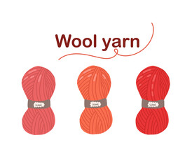 Set of balls of thread for knitting. Wool yarn. Red and pink skeins of thread. Women's hobby.