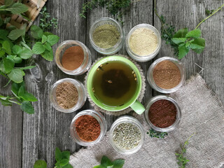 Cup of tea with herbs of different types
