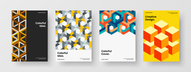 Simple geometric hexagons annual report template collection. Colorful booklet A4 vector design concept composition.