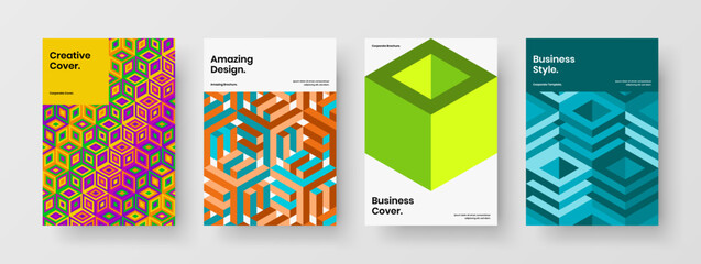 Bright company brochure A4 vector design illustration collection. Simple mosaic pattern annual report template bundle.