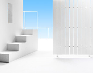 Mediterranean white exterior with wall, staircase, wooden fence and blue sky