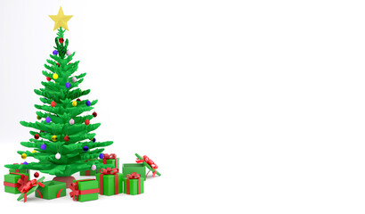 3D rendering christmas three and presents on white background, 3d illustration christmas concept