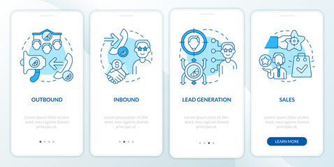 Types of telemarketing activities blue onboarding mobile app screen. Walkthrough 4 steps editable graphic instructions with linear concepts. UI, UX, GUI template. Myriad Pro-Bold, Regular fonts used