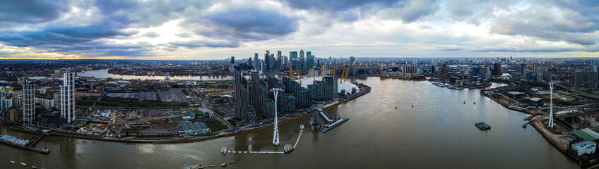 Aerial view of the Canary Wharf, the secondary central business district of London on the Isle of...